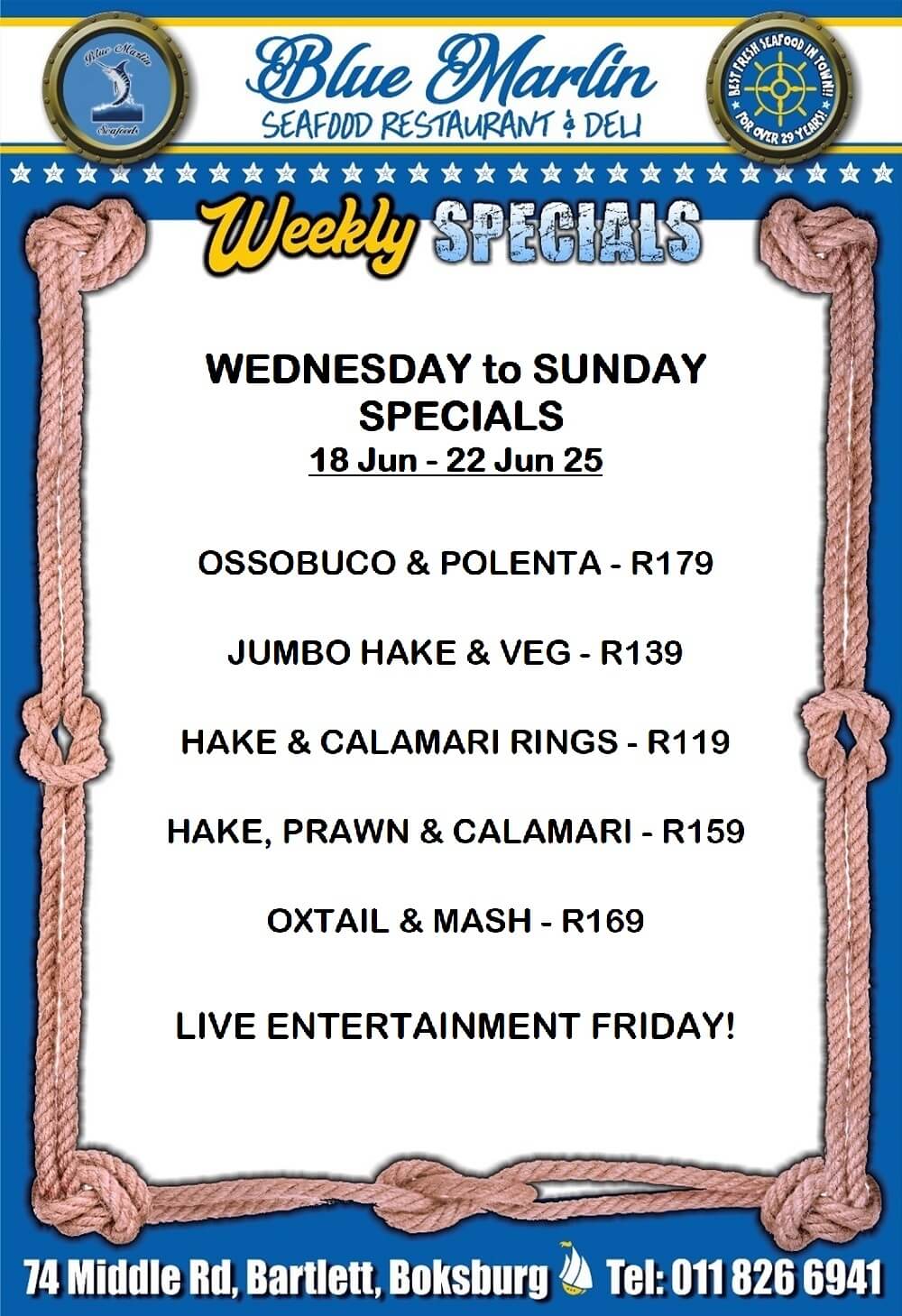 Blue Marlin Seafood Restaurant Boksburg Special Offers